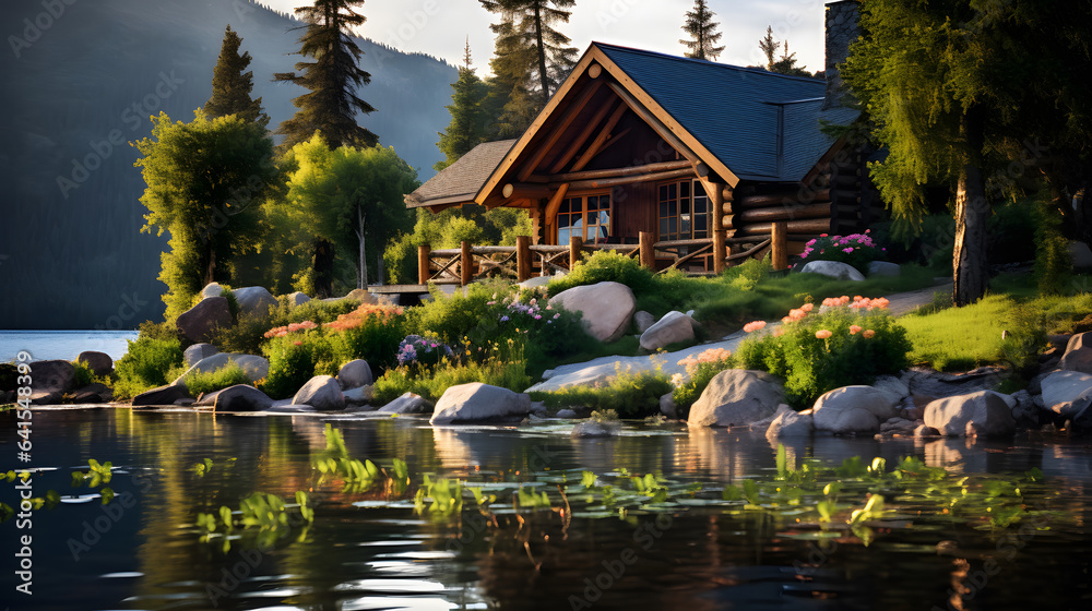 Obraz premium Wood cabin on the lake , log cabin surrounded by trees, mountains, and water in natural landscapes. Nature background