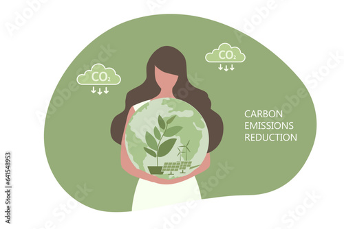 CO2 carbon emissions reduction concept. Green energy, ecology environmental with solar panel, wind turbines, woman holding green world vector illustration