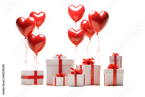 Valentine Gift boxes presents with hearts shaped helium balloons 3D in the style of light red, isolated on white and transparent background, ai generate