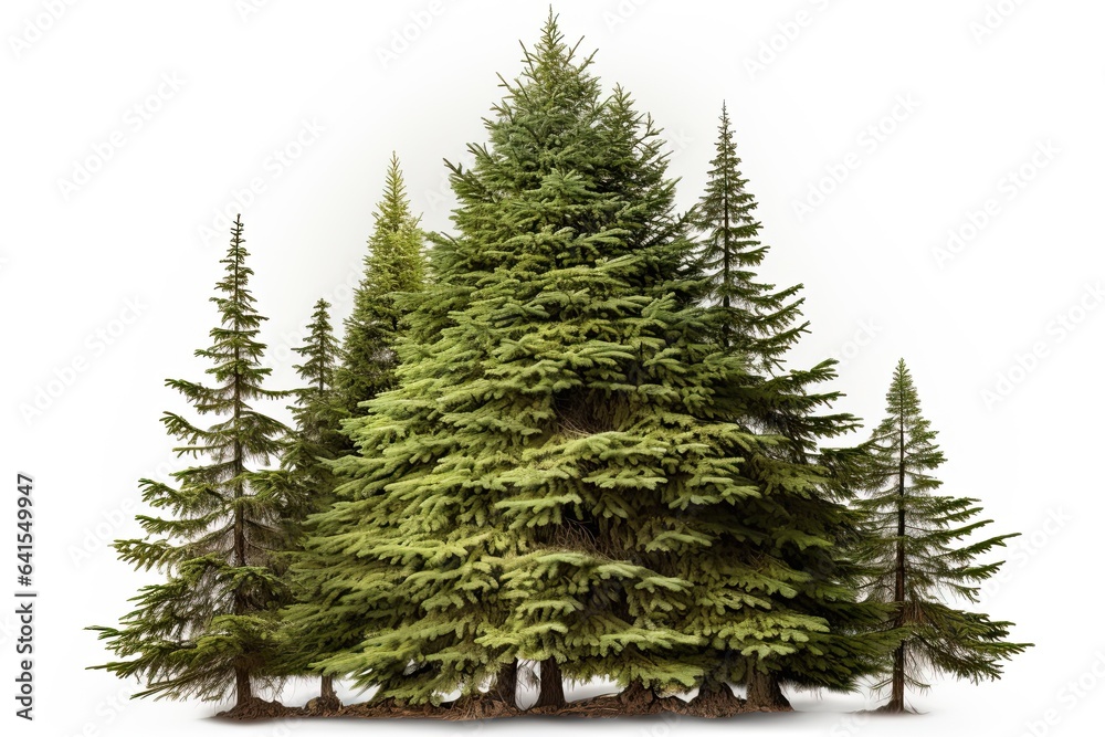 Big green fir tree isolated on white background. Tall natural christmas tree cut out