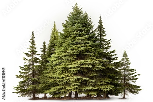 Big green fir tree isolated on white background. Tall natural christmas tree cut out