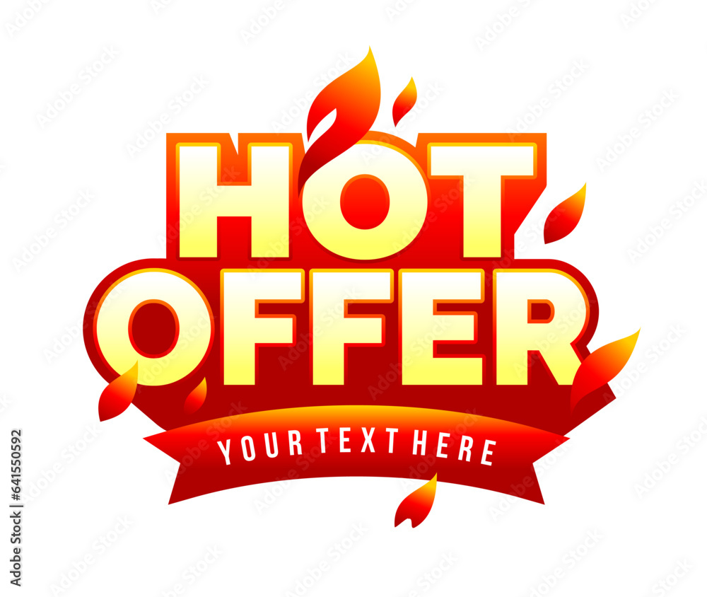 Label hot offer vector with fire flame in extrude long shadow template design	