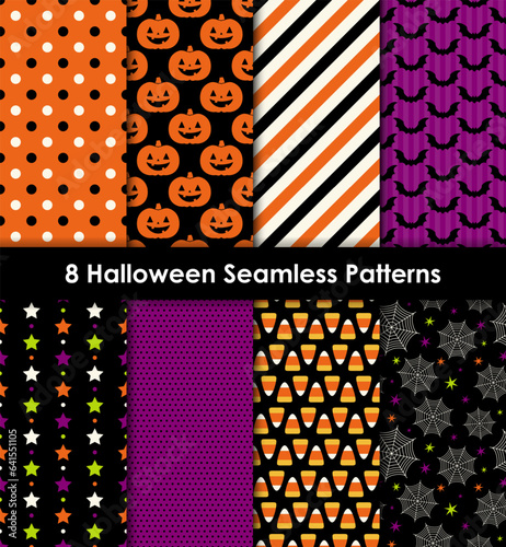 Set of 8 vector seamless patterns for Halloween. Essential motifs for Halloween, polka dots, stripes, stars, pumpkin, candy corn, bat, and cobweb.