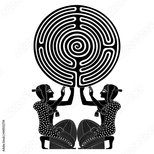 Symmetrical design with two kneeling ancient Egyptian men holding a round spiral maze or labyrinth symbol. Creative esoteric concept. Mystery of antique culture. Black and white silhouette.