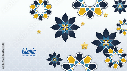 Blue white and yellow modern islamic background with mandala pattern and star