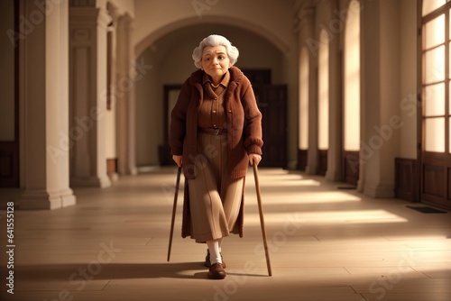 beautiful old aged woman walking with the help of stick in a big room