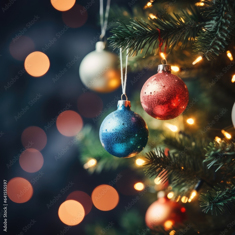 Merry Christmas and Happy New Year. Festive bright beautiful background. Decorated Christmas tree on blurred background. de-focused lights, gold bokeh