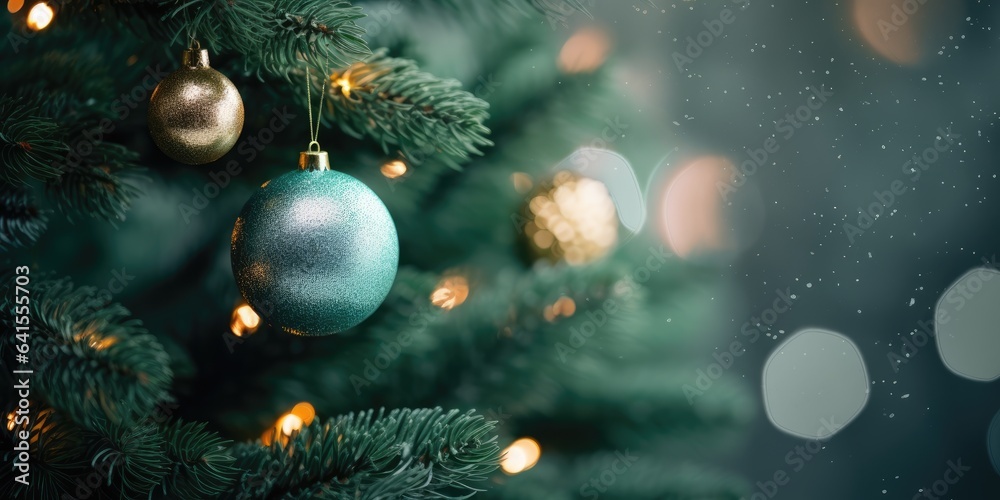 Merry Christmas and Happy New Year. Festive bright beautiful background. Decorated Christmas tree on blurred background. de-focused lights, gold bokeh