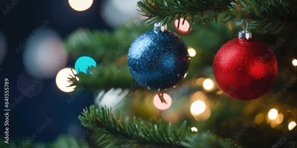 Merry Christmas and Happy New Year. Festive bright beautiful background. Decorated Christmas tree on blurred background. de-focused lights, gold bokeh