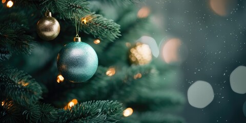 Merry Christmas and Happy New Year. Festive bright beautiful background. Decorated Christmas tree on blurred background. de-focused lights, gold bokeh