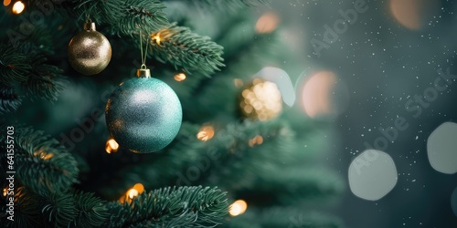 Merry Christmas and Happy New Year. Festive bright beautiful background. Decorated Christmas tree on blurred background. de-focused lights  gold bokeh