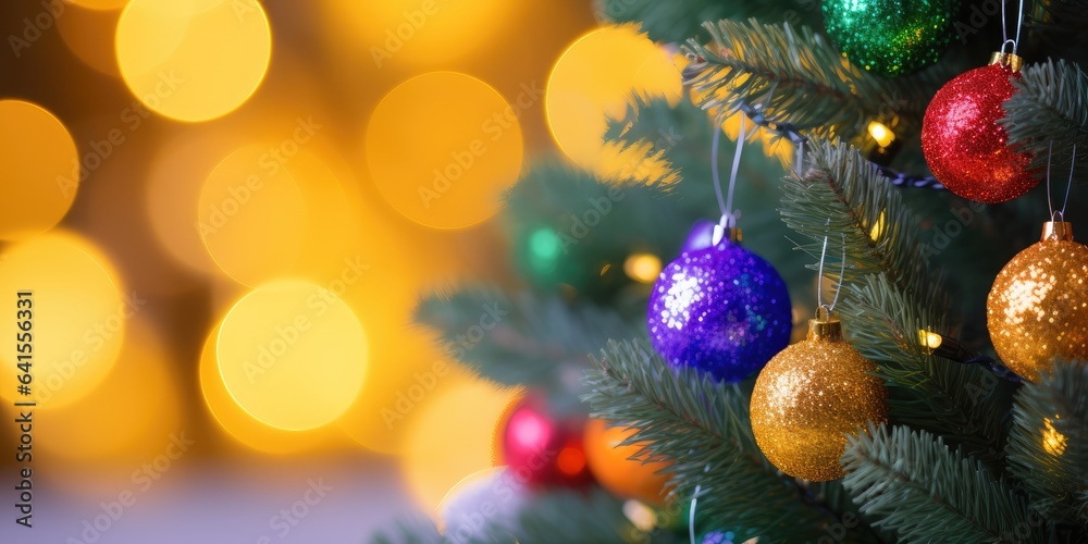 Merry Christmas and Happy New Year. Festive bright beautiful background. Decorated Christmas tree on blurred background. de-focused lights, gold bokeh Merry Christmas and Happy New Year. Festive bright beautiful background. Decorated Christmas tree on blurred background. de-focused lights, gold bokeh