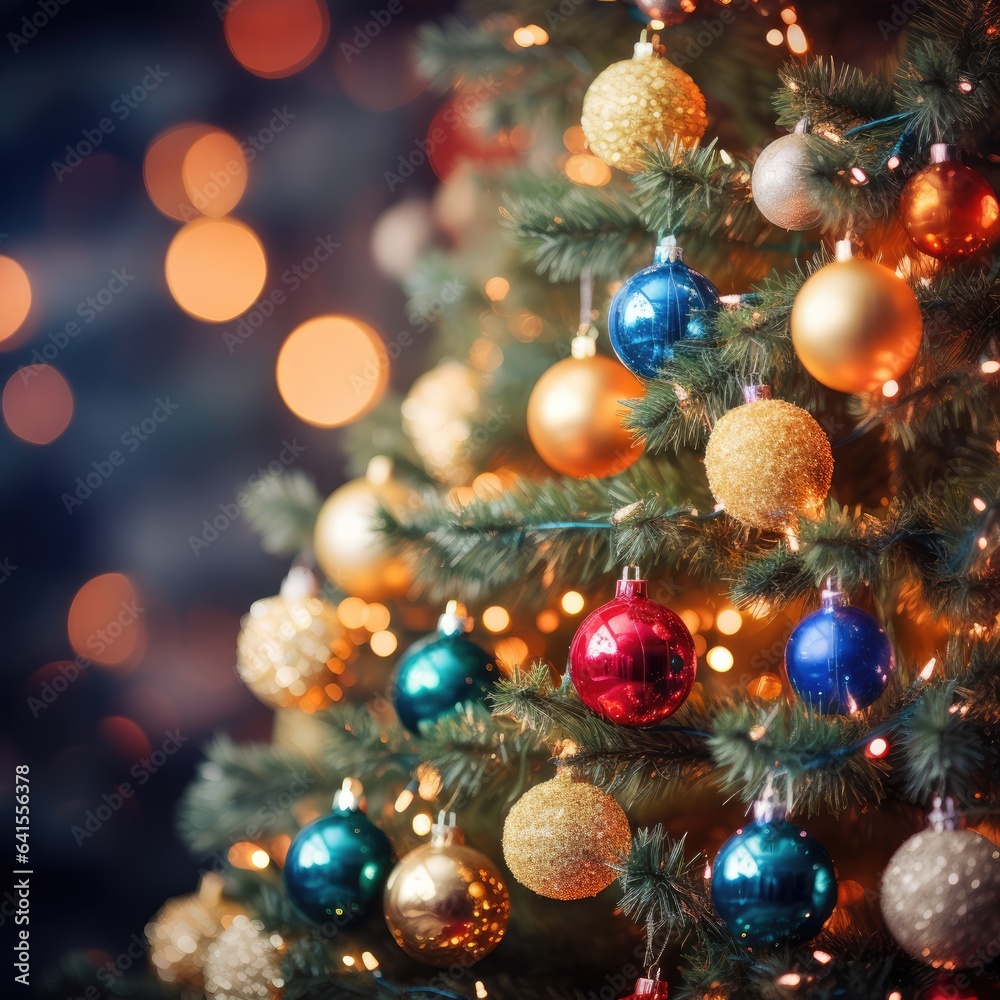 Merry Christmas and Happy New Year. Festive bright beautiful background. Decorated Christmas tree on blurred background. de-focused lights, gold bokeh