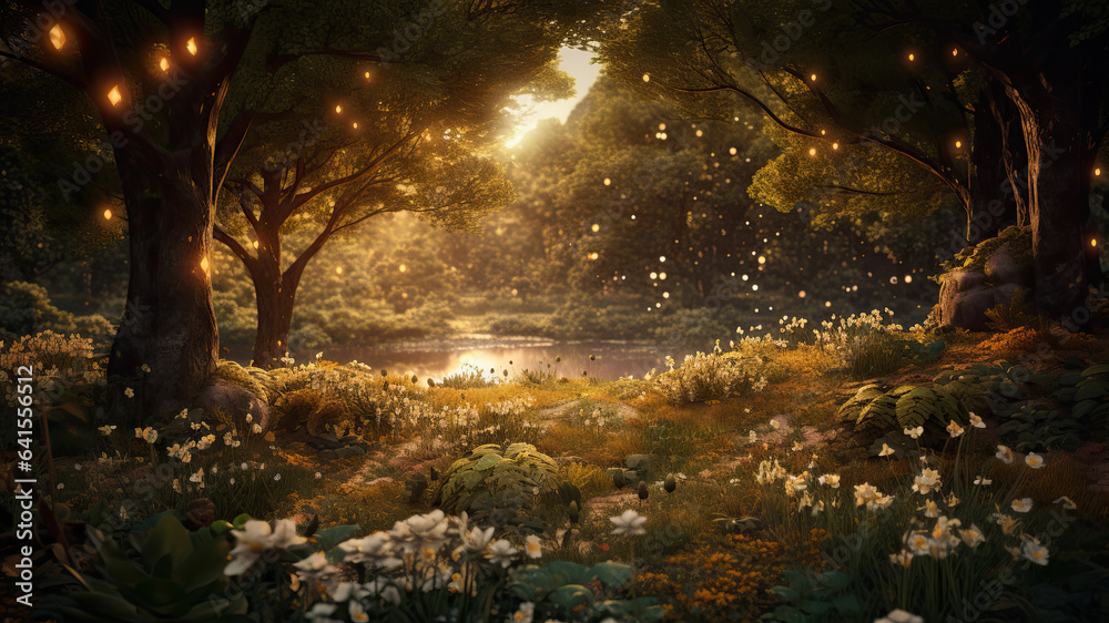 Golden forest scenery, lake with mushrooms, fantasy trees landscape