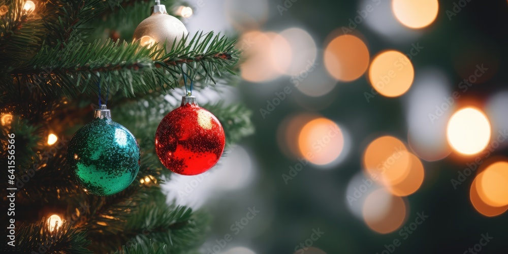 Merry Christmas and Happy New Year. Festive bright beautiful background. Decorated Christmas tree on blurred background. de-focused lights, gold bokeh