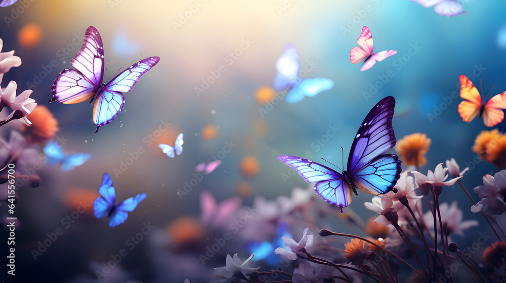 custom made wallpaper toronto digitalbeautiful nature spring background with fresh flowers and flying butterflies on a soft blurred blue background spring or summer in nature. Romantic dreamy artistic image