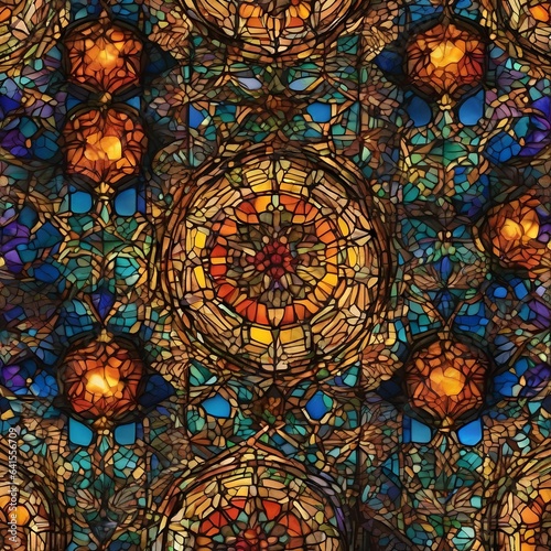 A pattern inspired by stained glass windows in cathedrals, featuring radiant colors and divine imagery1
