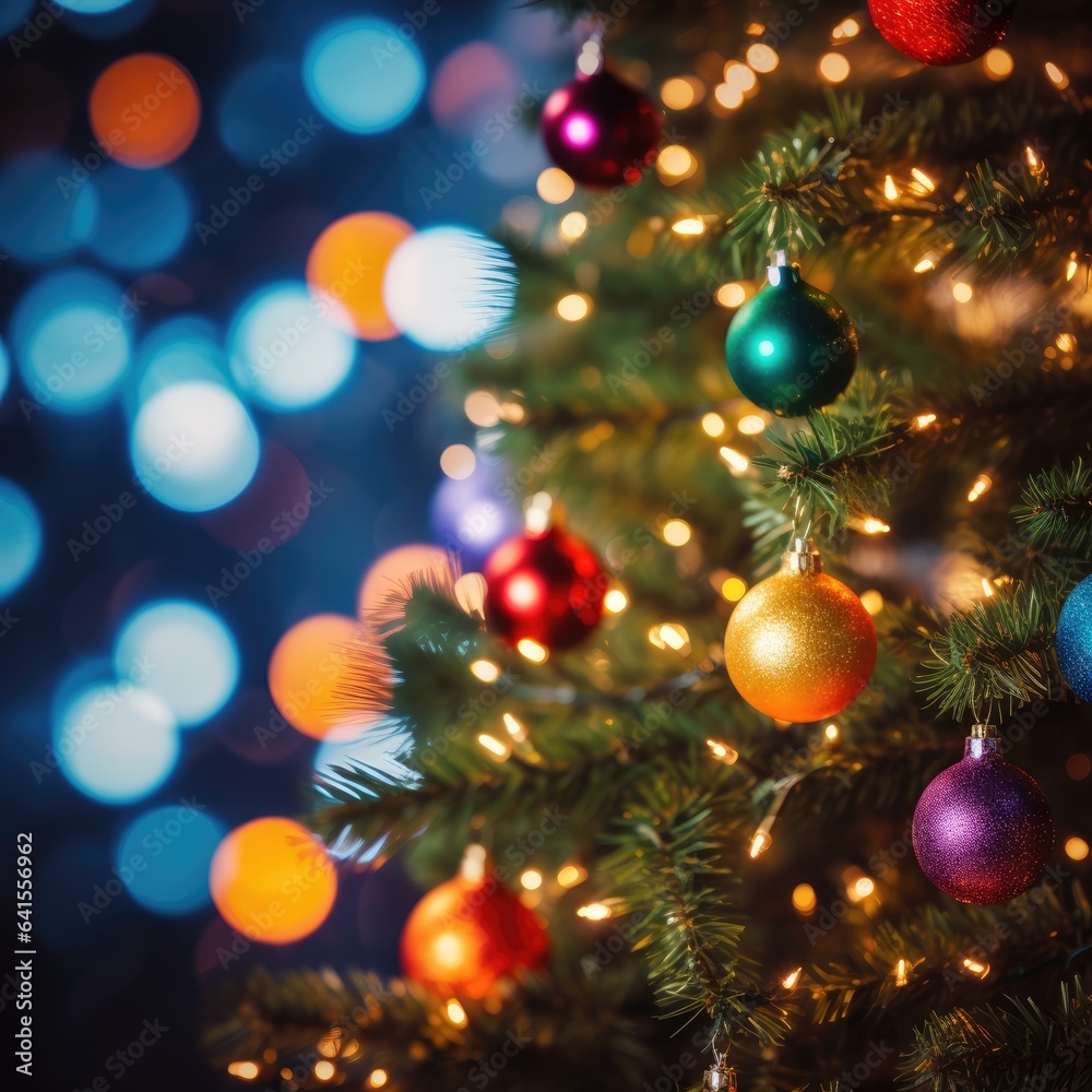 Merry Christmas and Happy New Year. Festive bright beautiful background. Decorated Christmas tree on blurred background. de-focused lights, gold bokeh