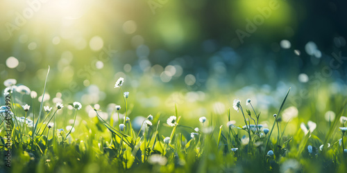 Spring Backgrounds, Fresh Green Field Grass against Sunny Sky with blur background