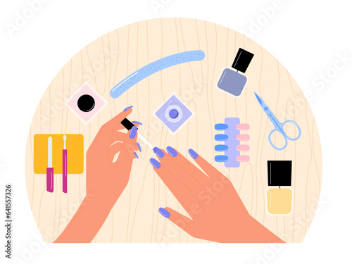 Teenager desktop top view. Flat vector illustration. Top view of wooden table. Workplace background illustration