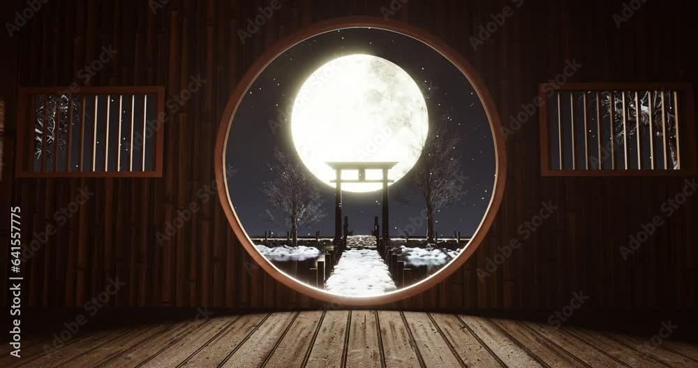 It snowed on a full moon night. Bright golden moon. bamboo hut Ancient Chinese style with a wooden bridge stretching out to the sea. shadow stone arch from the moonlight. 3d rendering It snowed on a full moon night. Bright golden moon. bamboo hut Ancient Chinese style with a wooden bridge stretching out to the sea. shadow stone arch from the moonlight. 3d rendering