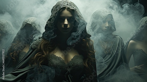 A mysterious woman with a veil engulfed in smoke