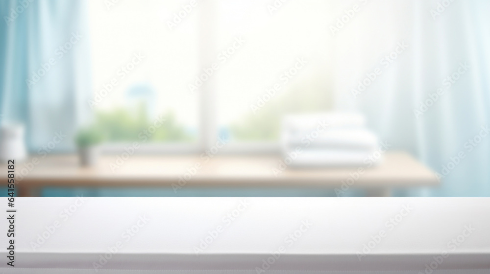 White empty table background on blured laundry background White empty table background on blured laundry background