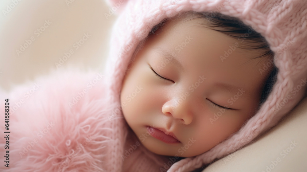 Sleeping asian baby on soft pink background