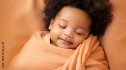 Sleeping african american baby on orange background photo