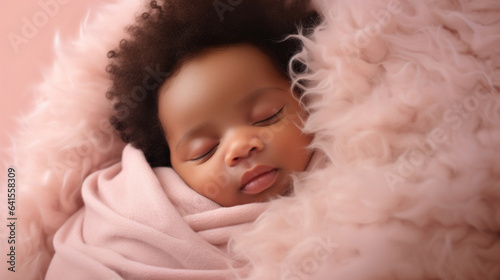 Sleeping african american baby on pink background. photo