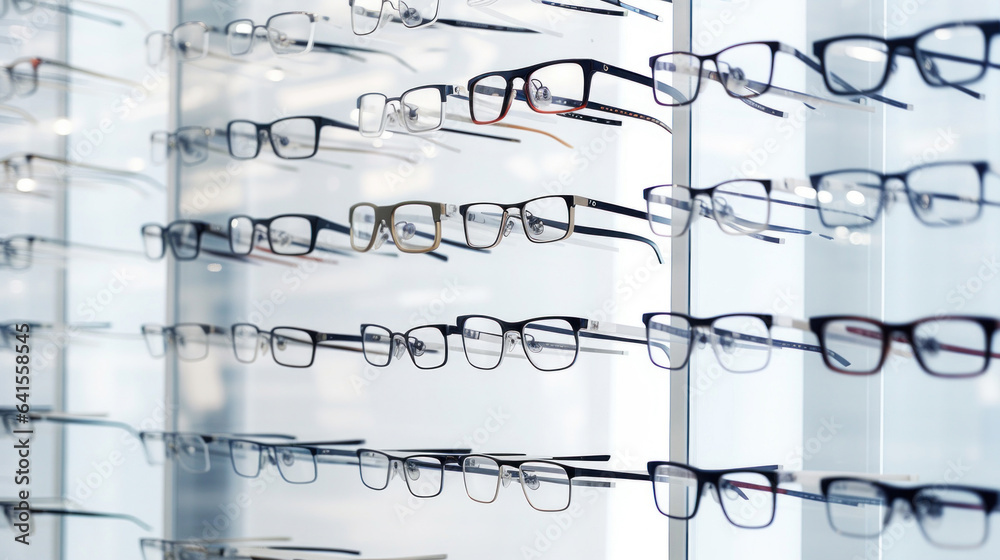 Wall of eyeglasses in white store - obrazy, fototapety, plakaty 