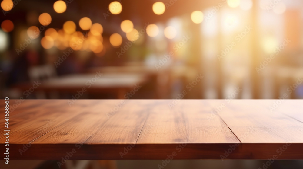 Wooden board empty table in front of blurred coffee shop background