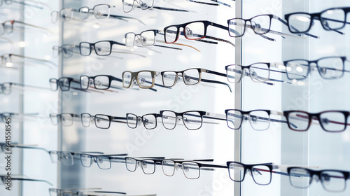 Wall of eyeglasses in white store photo