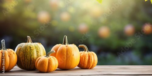 Pumpkins on gray wooden tabletop on blurred garden background.