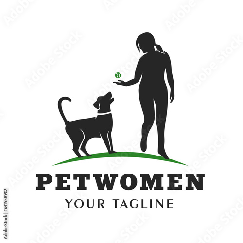 Silhouette of Woman Playing with Pet Dog. Dog Trainer Animal Lover Illustration Design