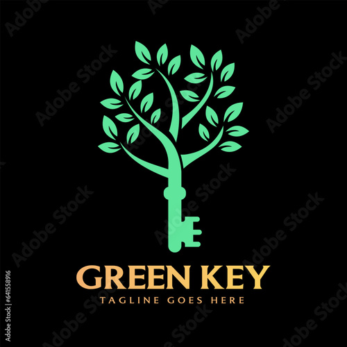 Key with Retro Vintage Green Leaf Tree Plant Logo Design Vector on dark background.