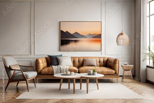 Living room interior wall mockup in warm tones with beige linen sofa, dry Pampas grass, wicker table and boho style decoration on empty wall background. 3D rendering, illustration. © Nyetock