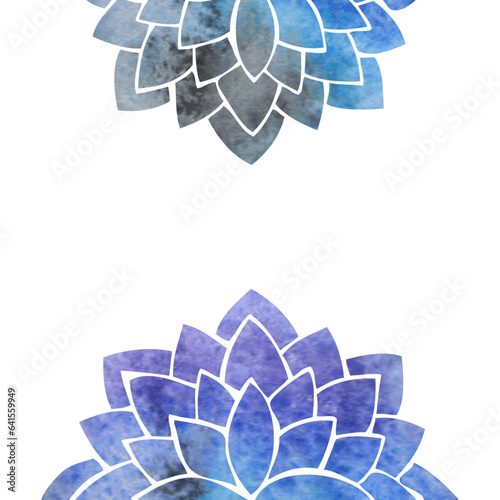 Silhouettes of blue purple stylized lotus flowers, ethnic oriental pattern with watercolor texture