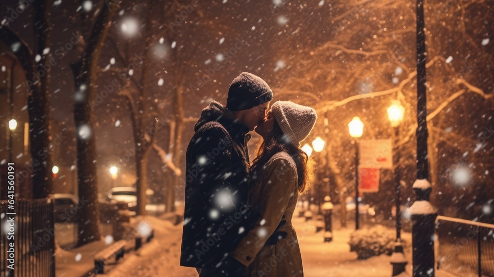 intimate moment of a couple's kiss under a snow-covered tree, with the falling snowflakes