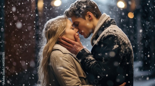 intimate moment of a couple's kiss under a snow-covered tree, with the falling snowflakes