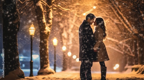 intimate moment of a couple's kiss under a snow-covered tree, with the falling snowflakes