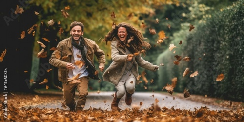 couple walking in autumn park.autumn wind flying leaves