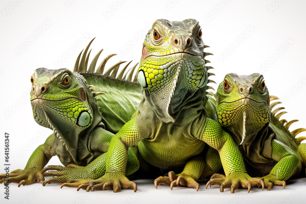 Image of group of iguana on a white background. Reptile. Animals. Illustration, Generative AI.