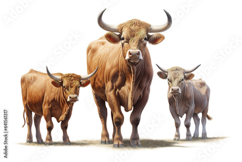 Image of family group of brown bull on white background. Wildlife Animals. Illustration, Generative AI.