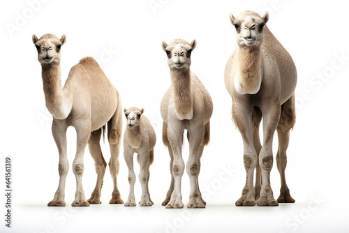 Image of family group of camel on white background. Wildlife Animals. Illustration, Generative AI.