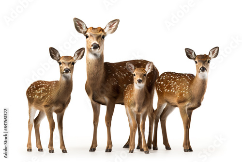 Image of family group of deer on white background. Wildlife Animals. Illustration, Generative AI.