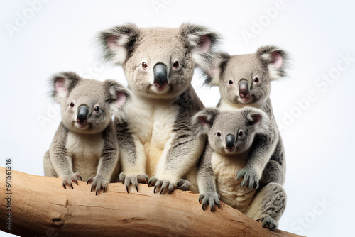 Image of family group of koala on white background. Wildlife Animals. Illustration  Generative AI.