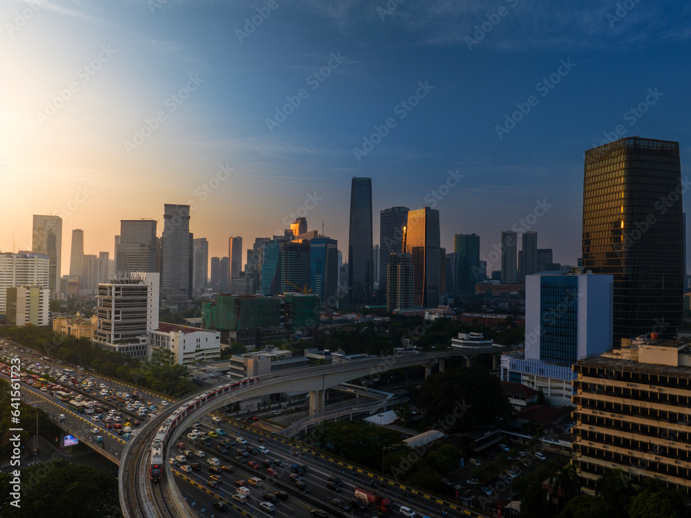 First time Light Trail Transit Train (LRT) operate in Jakarta, Indonesia. The LRT is going through the longest long span structure in the world. 