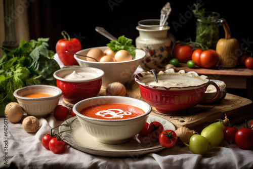 A table filled with delicious bowls of soup and fresh vegetables