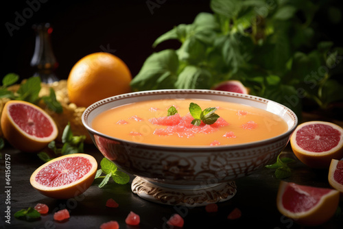 A refreshing bowl of grapefruit and mint soup